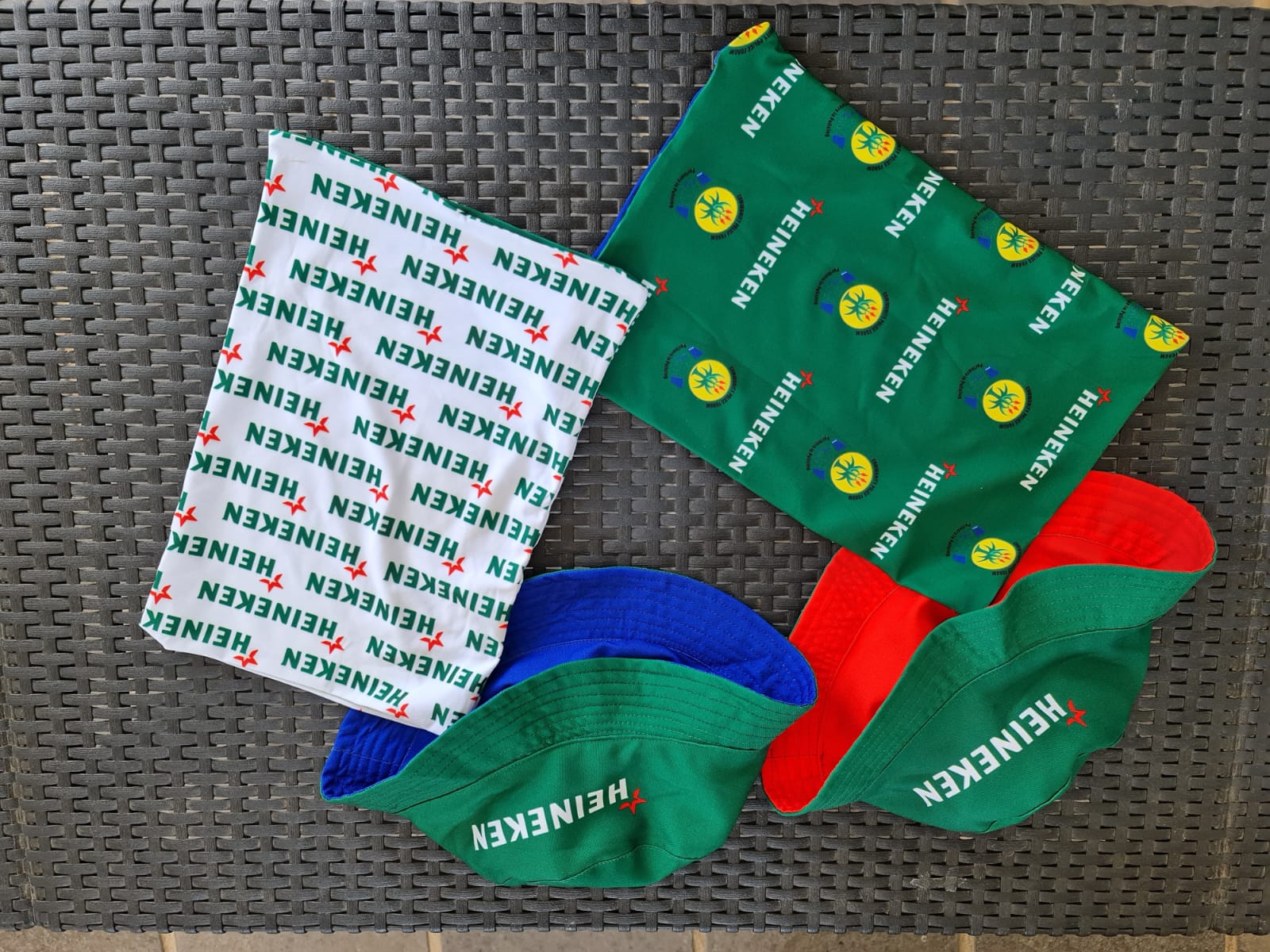Branded socks and promotional textile items arranged for a client