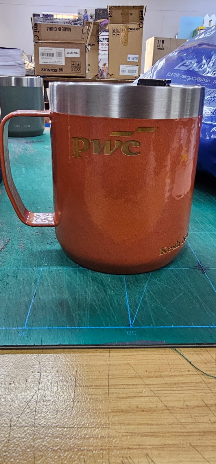 Copper branded mug with corporate logo application